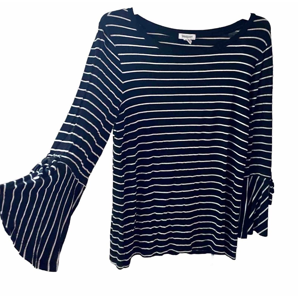 Y2K Westport Womens  XS Top Stripped Bell  Sleeves Collarless Coquette Nautical